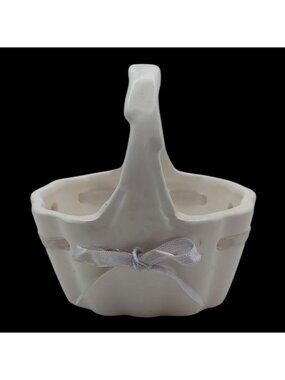 Lefton White Porcelain Basket Lavender Looped Ribbon 1984 Trinket Holder Vintage